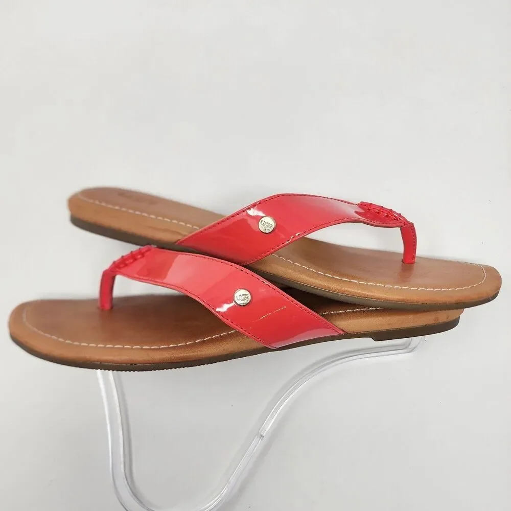 Ugg Tuolumne Thong Sandal Women 9 Patent Flip Flop Neon Pink Logo Rivet EUC - Picture 9 of 11